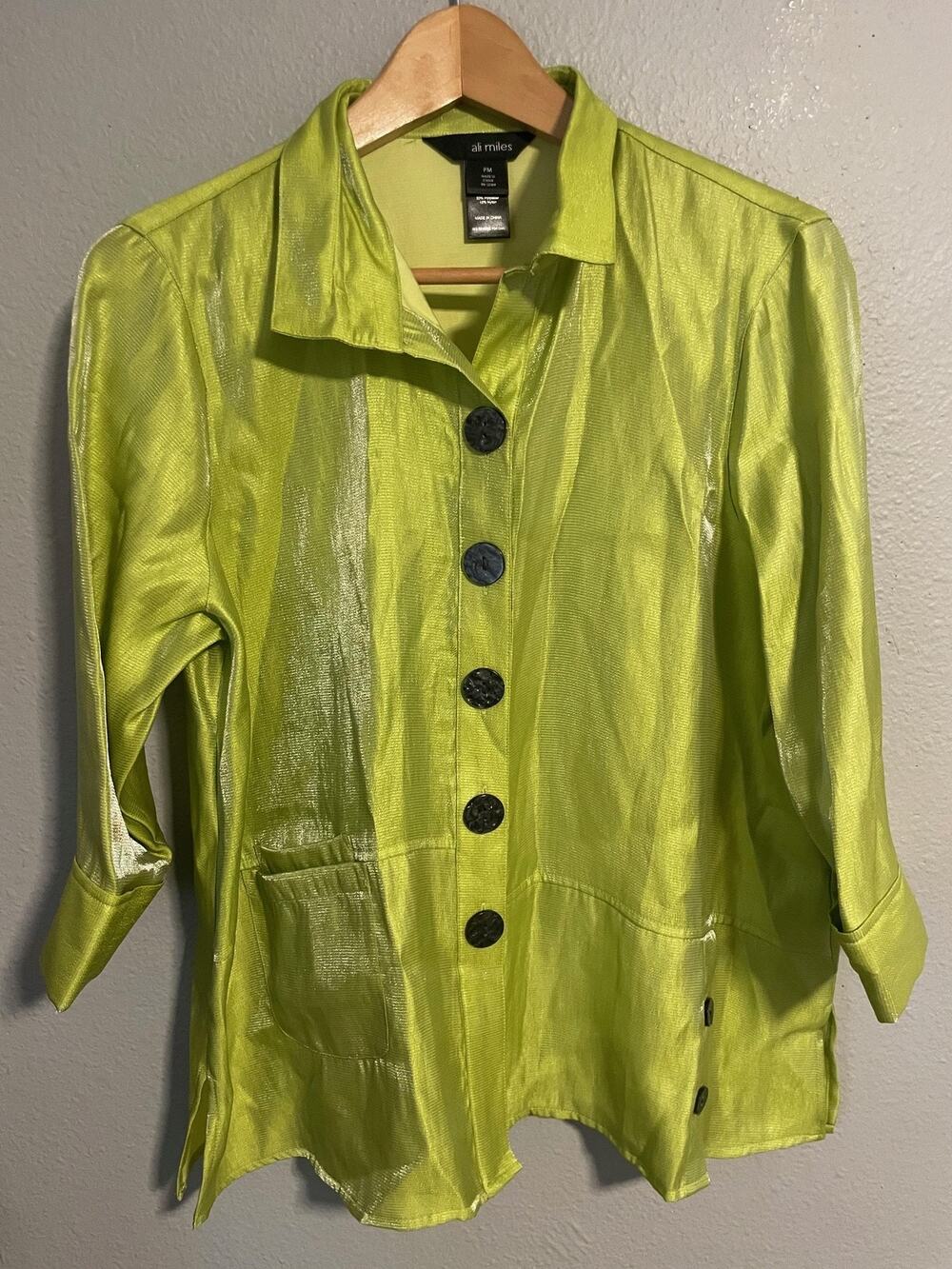 Ali Miles Womens Top Petite Medium Green Metallic 3/4 Sleeve Lagenlook Artsy